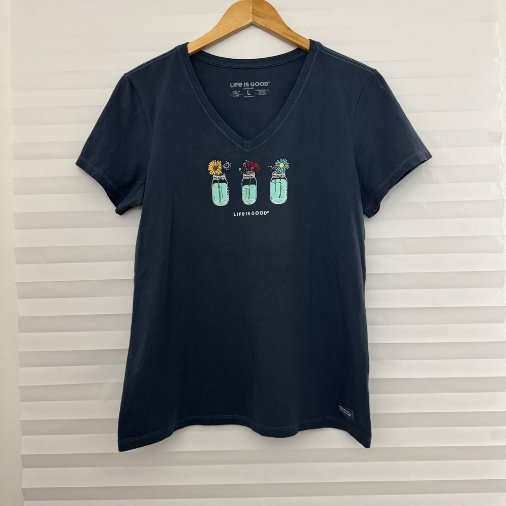 Life is Good Crusher Tee Womens Large Blue V-Neck Mason Jar Flower Graphic Shirt